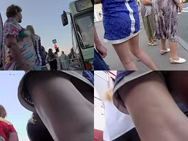 Slim blonde wears mini skirt in upskirting porn
