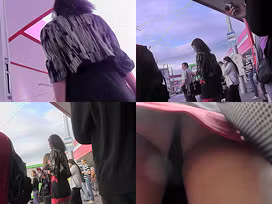 Upskirt porn with brunette-hair gal in a public place