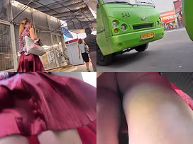 Amateur chick shows off g-string in candid upskirts