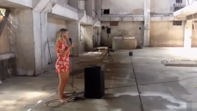 Hot and voluptuous blonde runs around the building naked