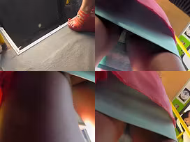 Gal in mini skirt accidentally flashes thong in upskirt