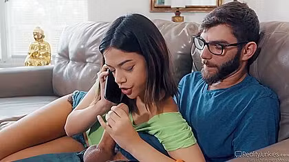 Harmony Wonder And Logan Long - Pleasuring Bearded Guy On Leather Couch