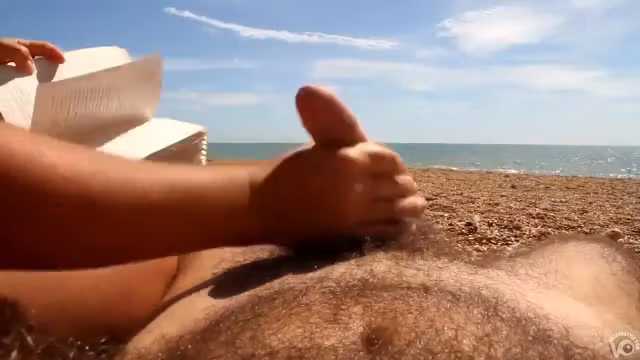 Reading the book and stroking the erected cock