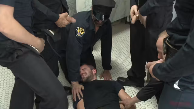 Bound in Public. Hairy perv gets taken downtown and gang fucked by the whole jail house