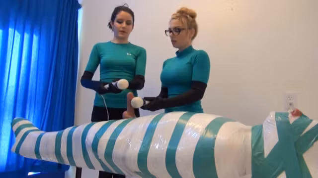Double Team Double Vibrator Handjob for Bound Slave