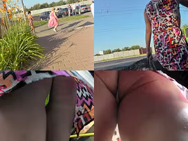 Upskirt porn with brunette-hair gal in a public place