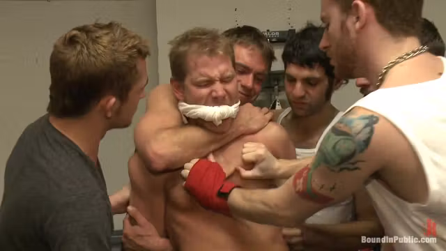 Bound in Public. Loudmouth muscle head gets taken down and gang fucked at a boxing gym