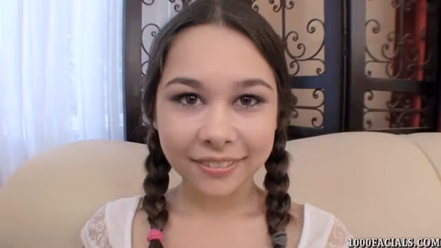 Pigtailed teen 18+ Kira Sinn eagerly taking cum facial