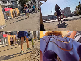 Alluring brunette shows off g-string in candid upskirts