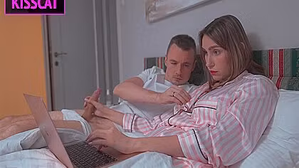 Neighbour Distract Milf From Work, So She Helps Cum With Hand Job In Share Bed, But Get Fuck