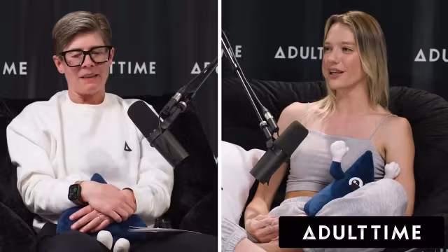ADULT TIME - Busty Lesbians Octavia Red Kenna James CAUGHT EATING PUSSY On Podcast Set FULL SCENE