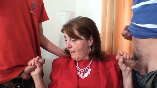 Very old office mature swallows two cocks at once
