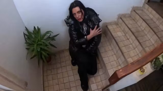 Milfycalla - Shiny Downjacket, Jeans & Leotard Stairway Sex Uncut Cum On Clothes